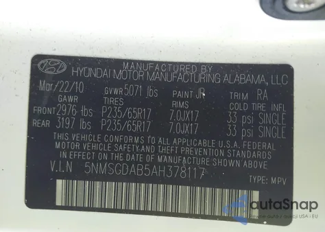 2010 Hyundai Santa Fe Gls z USA, uszkodzony, nr VIN 5NMSGDAB5AH378117